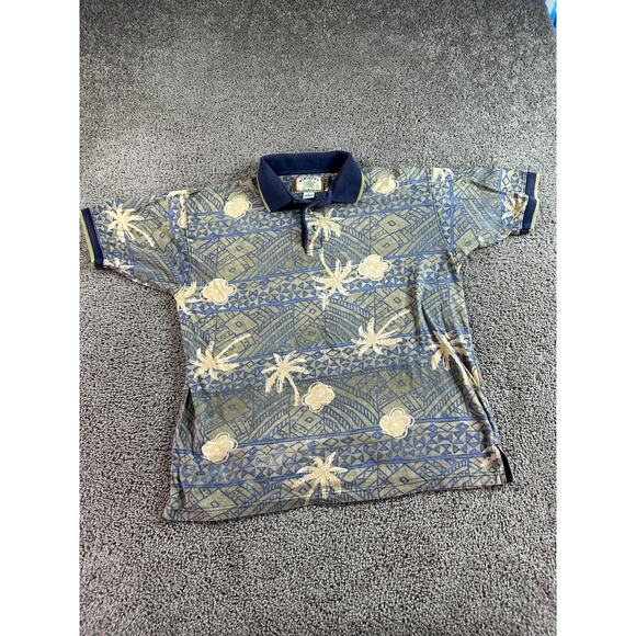 VINTAGE Hibiscus Hawaiian Shirt Mens Large Green Blue Floral Aztec Polo FLAW - Picture 2 of 12